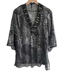 Animal Print Tunic Top XL Sheer Pullover Black Gray Embellished Boho Peasant
